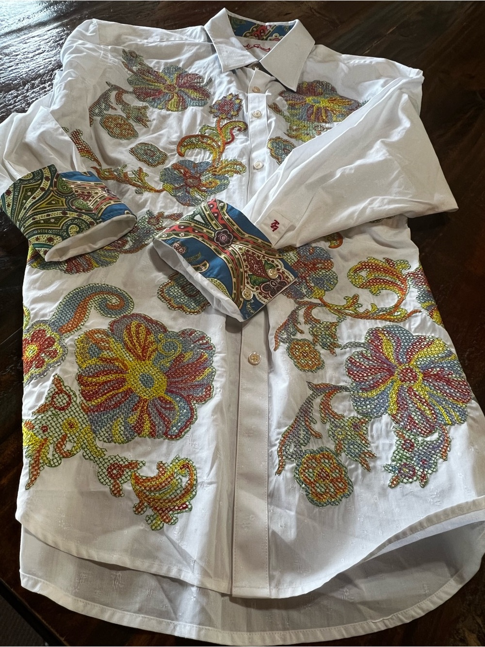 Robert Graham White Button-Down Shirt with Multicolor Floral embroidered
